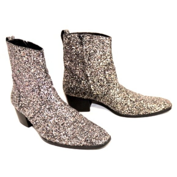 Osstone Men’s Chelsea Silver/Black Glitter Dress Boots with Side Zipper -Heels - Picture 2 of 7